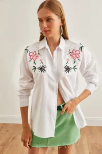 Olalook Women's Lily White Embroidery Detailed Oversize Woven Shirt - Image 3