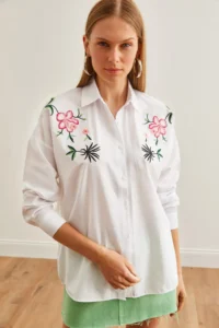 Olalook Women's Lily White Embroidery Detailed Oversize Woven Shirt - Image 4