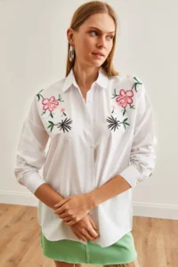Olalook Women's Lily White Embroidery Detailed Oversize Woven Shirt - Image 5