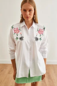 Olalook Women's Lily White Embroidery Detailed Oversize Woven Shirt - Image 6