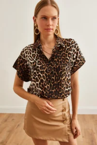 Olalook Women's Leopard Black Woven Viscose Bat Shirt