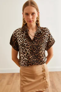 Olalook Women's Leopard Black Woven Viscose Bat Shirt - Image 3