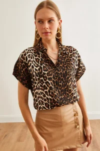 Olalook Women's Leopard Black Woven Viscose Bat Shirt - Image 4