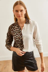 Olalook Women's Ecru Stone Leopard Block Woven Viscose Shirt - Image 3