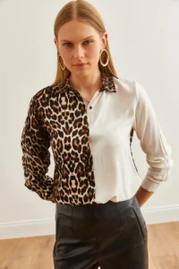 Olalook Women's Ecru Stone Leopard Block Woven Viscose Shirt - Image 5