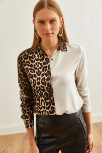 Olalook Women's Ecru Stone Leopard Block Woven Viscose Shirt - Image 6