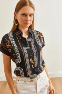 Olalook Women's Chain Black Patterned Bat Woven Viscose Shirt