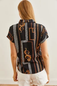 Olalook Women's Chain Black Patterned Bat Woven Viscose Shirt - Image 2