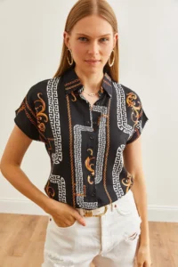 Olalook Women's Chain Black Patterned Bat Woven Viscose Shirt - Image 3