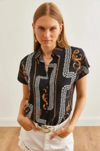 Olalook Women's Chain Black Patterned Bat Woven Viscose Shirt - Image 5