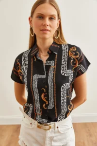 Olalook Women's Chain Black Patterned Bat Woven Viscose Shirt - Image 6