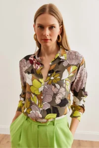 Olalook Women's Floral Smoked Woven Viscose Long Sleeve Loose Shirt - Image 3