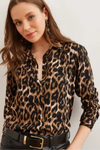 Olalook Women's Camel Leopard Flowy Woven Viscose Shirt