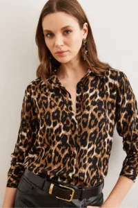 Olalook Women's Camel Leopard Flowy Woven Viscose Shirt - Image 3
