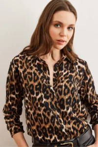 Olalook Women's Camel Leopard Flowy Woven Viscose Shirt - Image 4