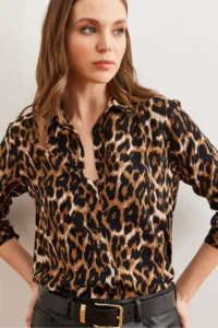 Olalook Women's Camel Leopard Flowy Woven Viscose Shirt - Image 5
