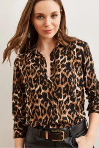 Olalook Women's Camel Leopard Flowy Woven Viscose Shirt - Image 6