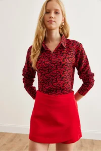 Olalook Women's Red Black Tiny Floral Woven Viscose Shirt