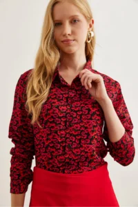 Olalook Women's Red Black Tiny Floral Woven Viscose Shirt - Image 3