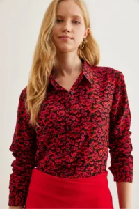 Olalook Women's Red Black Tiny Floral Woven Viscose Shirt - Image 4