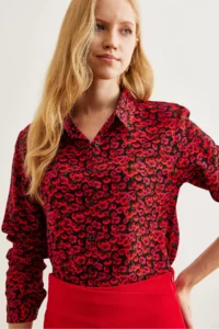Olalook Women's Red Black Tiny Floral Woven Viscose Shirt - Image 5