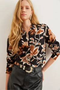 Olalook Women's Black Leaf Patterned Flowy Woven Viscose Shirt