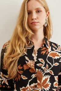 Olalook Women's Black Leaf Patterned Flowy Woven Viscose Shirt - Image 4