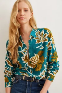 Olalook Women's Petrol Green Leaf Patterned Flowy Woven Viscose Shirt