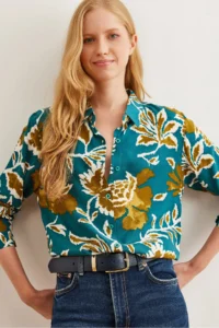 Olalook Women's Petrol Green Leaf Patterned Flowy Woven Viscose Shirt - Image 2