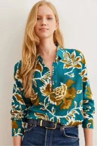 Olalook Women's Petrol Green Leaf Patterned Flowy Woven Viscose Shirt - Image 3