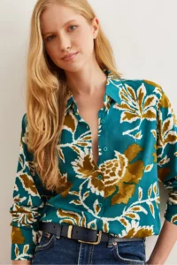 Olalook Women's Petrol Green Leaf Patterned Flowy Woven Viscose Shirt - Image 4