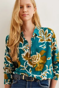 Olalook Women's Petrol Green Leaf Patterned Flowy Woven Viscose Shirt - Image 5