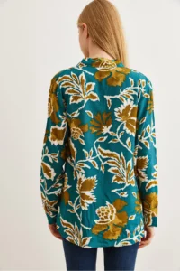 Olalook Women's Petrol Green Leaf Patterned Flowy Woven Viscose Shirt - Image 6