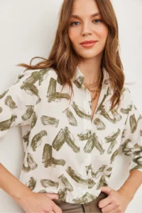 Olalook Women's Brush Khaki Cuffed Linen Shirt