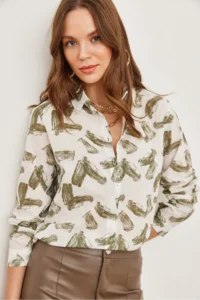 Olalook Women's Brush Khaki Cuffed Linen Shirt - Image 3