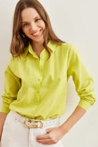 Olalook Women's Oil Green Cuffed Linen Shirt