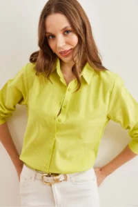 Olalook Women's Oil Green Cuffed Linen Shirt - Image 3