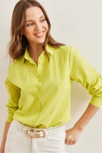 Olalook Women's Oil Green Cuffed Linen Shirt - Image 4