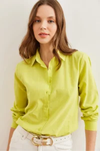 Olalook Women's Oil Green Cuffed Linen Shirt - Image 5