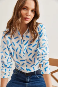 Olalook Women's Blue Cuffed Linen Shirt - Image 4