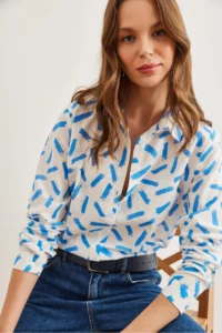 Olalook Women's Blue Cuffed Linen Shirt - Image 5