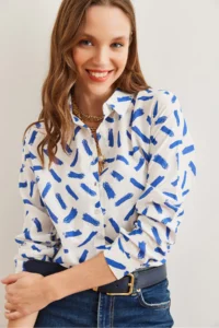 Olalook Women's Navy Blue Cuffed Linen Content Shirt