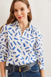 Olalook Women's Navy Blue Cuffed Linen Content Shirt - Image 3
