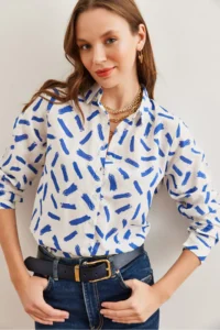 Olalook Women's Navy Blue Cuffed Linen Content Shirt - Image 4