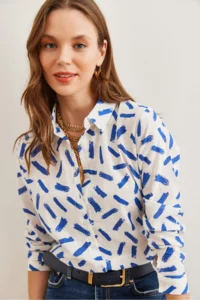 Olalook Women's Navy Blue Cuffed Linen Content Shirt - Image 6