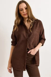 Olalook Women's Bitter Brown Wool Effect Winter Basic Shirt