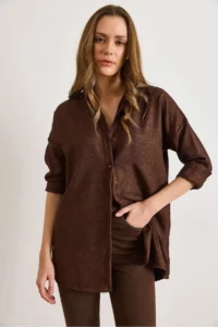 Olalook Women's Bitter Brown Wool Effect Winter Basic Shirt - Image 2