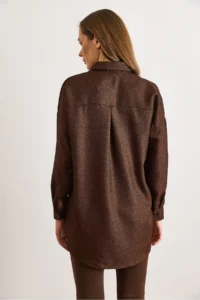 Olalook Women's Bitter Brown Wool Effect Winter Basic Shirt - Image 3