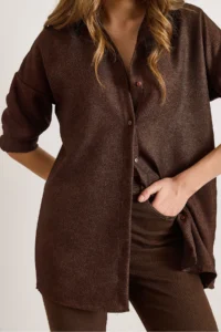 Olalook Women's Bitter Brown Wool Effect Winter Basic Shirt - Image 4