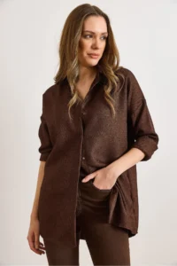 Olalook Women's Bitter Brown Wool Effect Winter Basic Shirt - Image 5